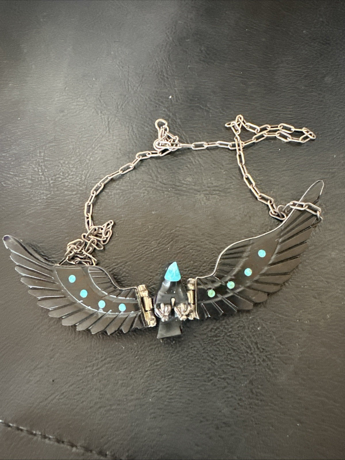 Navajo Flying Eagle 4.5" Black Jet Turquoise Necklace F Tom 20” 19420