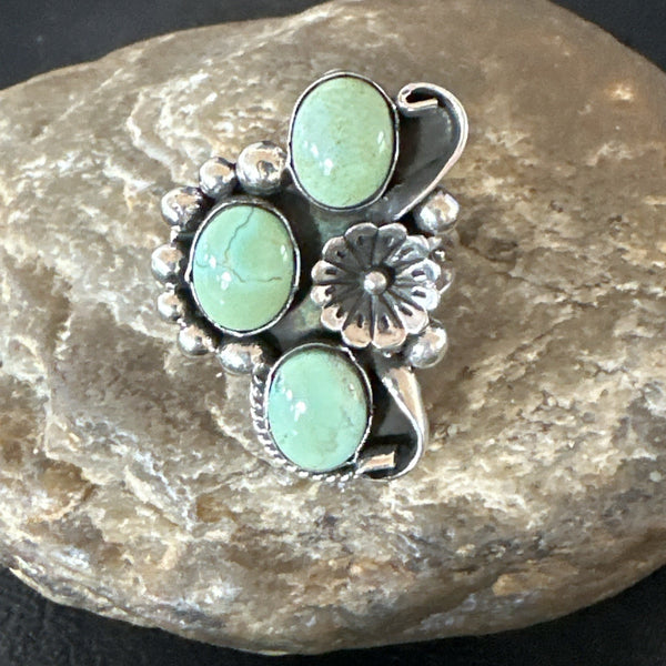 Yazzie Ring Green Turquoise Navajo Cluster Size 8.5 | Sterling Silver | Authentic Native American Handmade | 19231