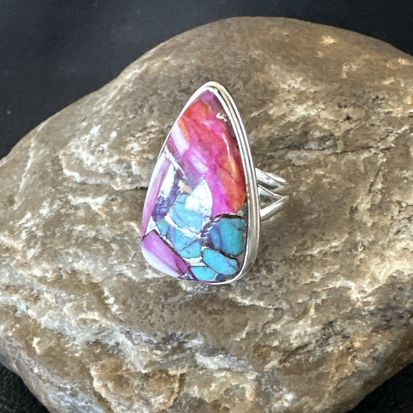 Blue Turquoise Spiny Oyster Navajo Ring Size 7 | Sterling Silver | Authentic Native American Handmade | 18254