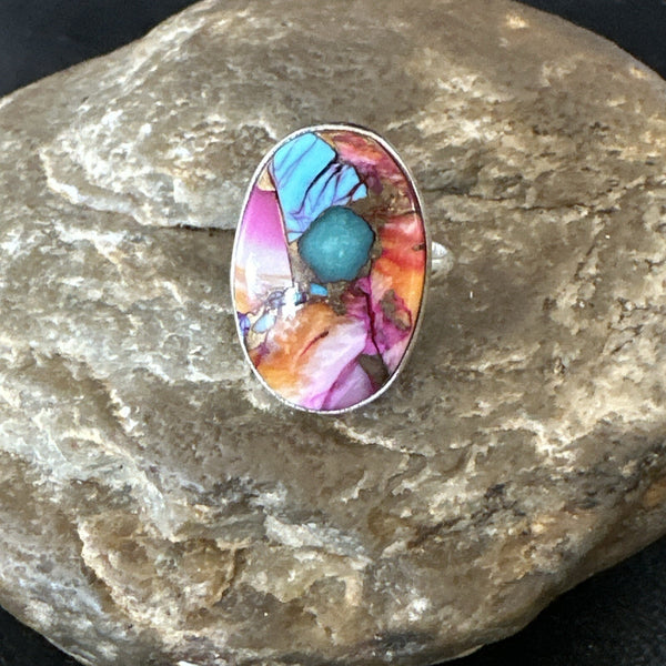 Blue Turquoise Spiny Oyster Southwestern Ring Size 7 | Sterling Silver | Authentic Native American Handmade | 18495