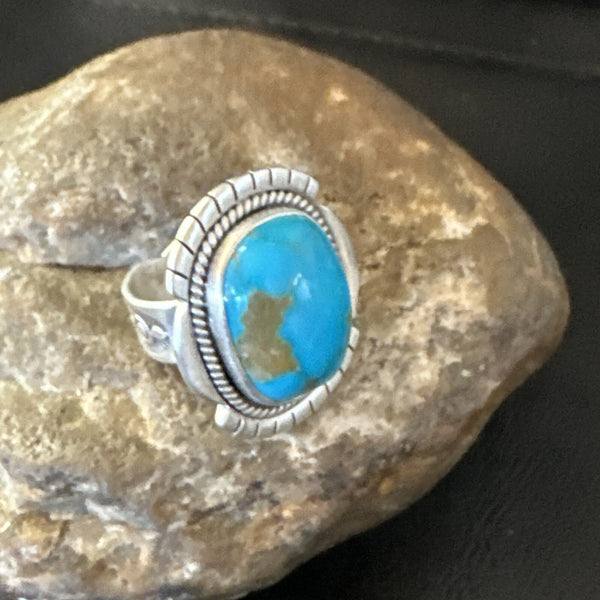 Blue Kingman Turquoise Navajo Adjustable Ring Size 7 | Sterling Silver | Authentic Native American Handmade | 18824