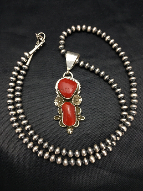 Red Coral Cluster Pendant Navajo Necklace | Sterling Silver | Authentic Native American Handmade | 18930