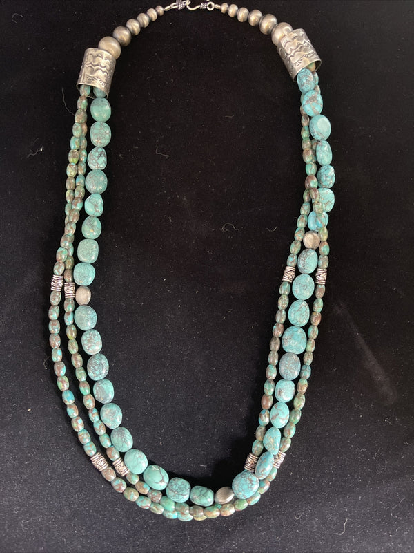 Navajo Pearls 3 Strands 6mm Turquoise Heishi Necklace 23" | Sterling Silver | Authentic Native American Handmade | 01773