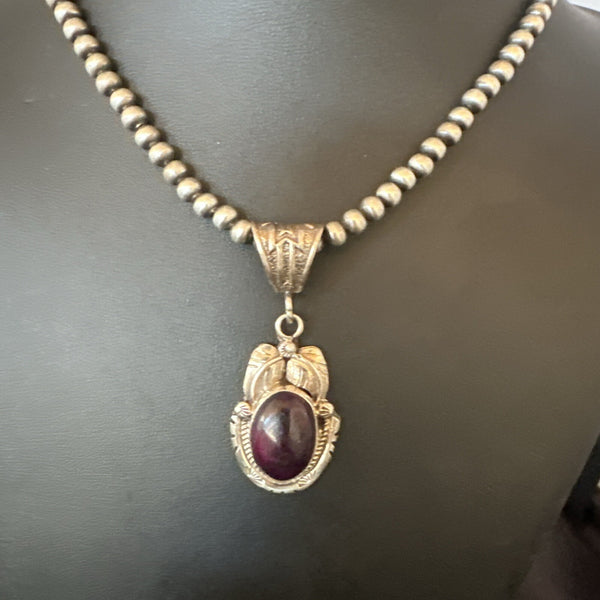 Purple Stone Pendant Navajo Pearls Necklace 20" | Sterling Silver | Authentic Native American Handmade | 18404