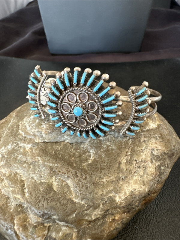 Blue Turquoise Zuni Cluster Cuff Bracelet | Sterling Silver | Authentic Native American Handmade | 12151