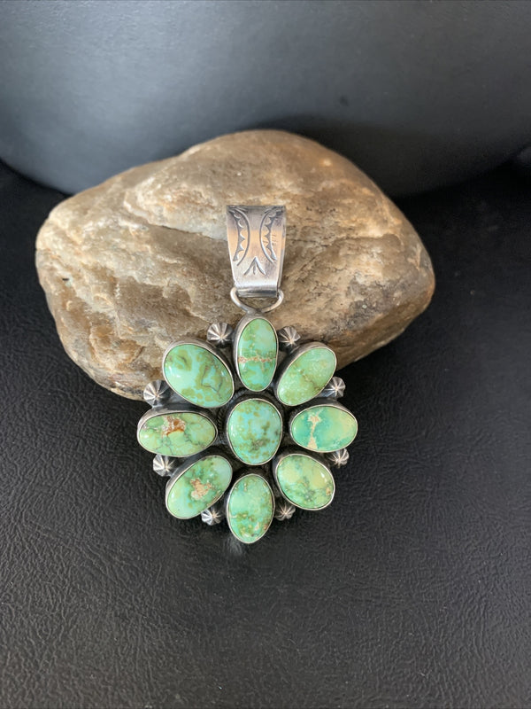 Green Sonoran Gold Turquoise Navajo Cluster Pendant | Sterling Silver | Authentic Native American Handmade | 14070