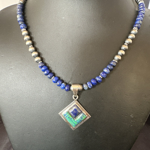 Men's Women's Blue Lapis Opal Navajo Pendant Necklace 21" | Sterling Silver | Authentic Native American Handmade | 18339