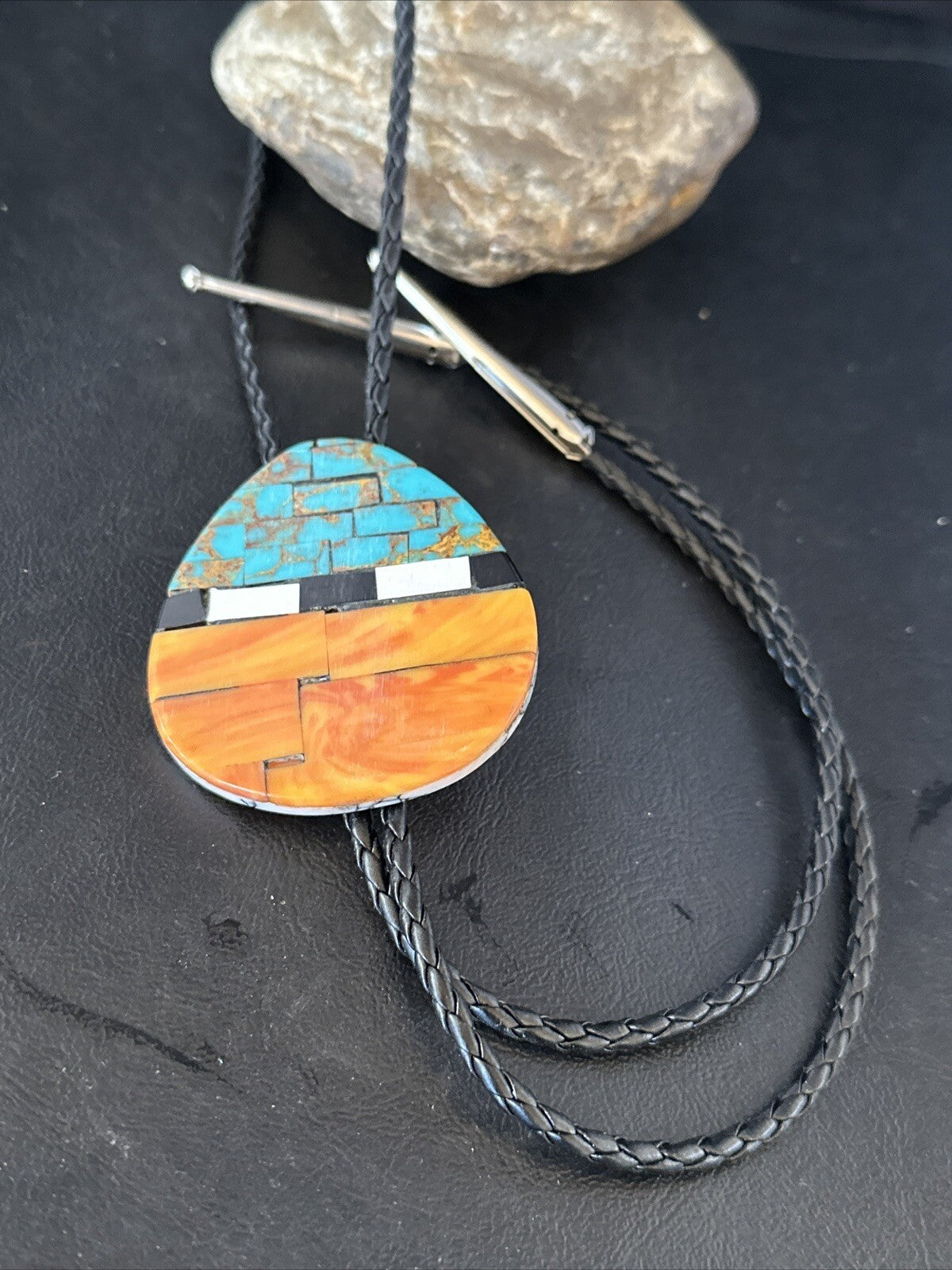 Mens Turquoise Orange Spiny Oyster Sterling Silver Santo Domingo Bolo Tie 14631