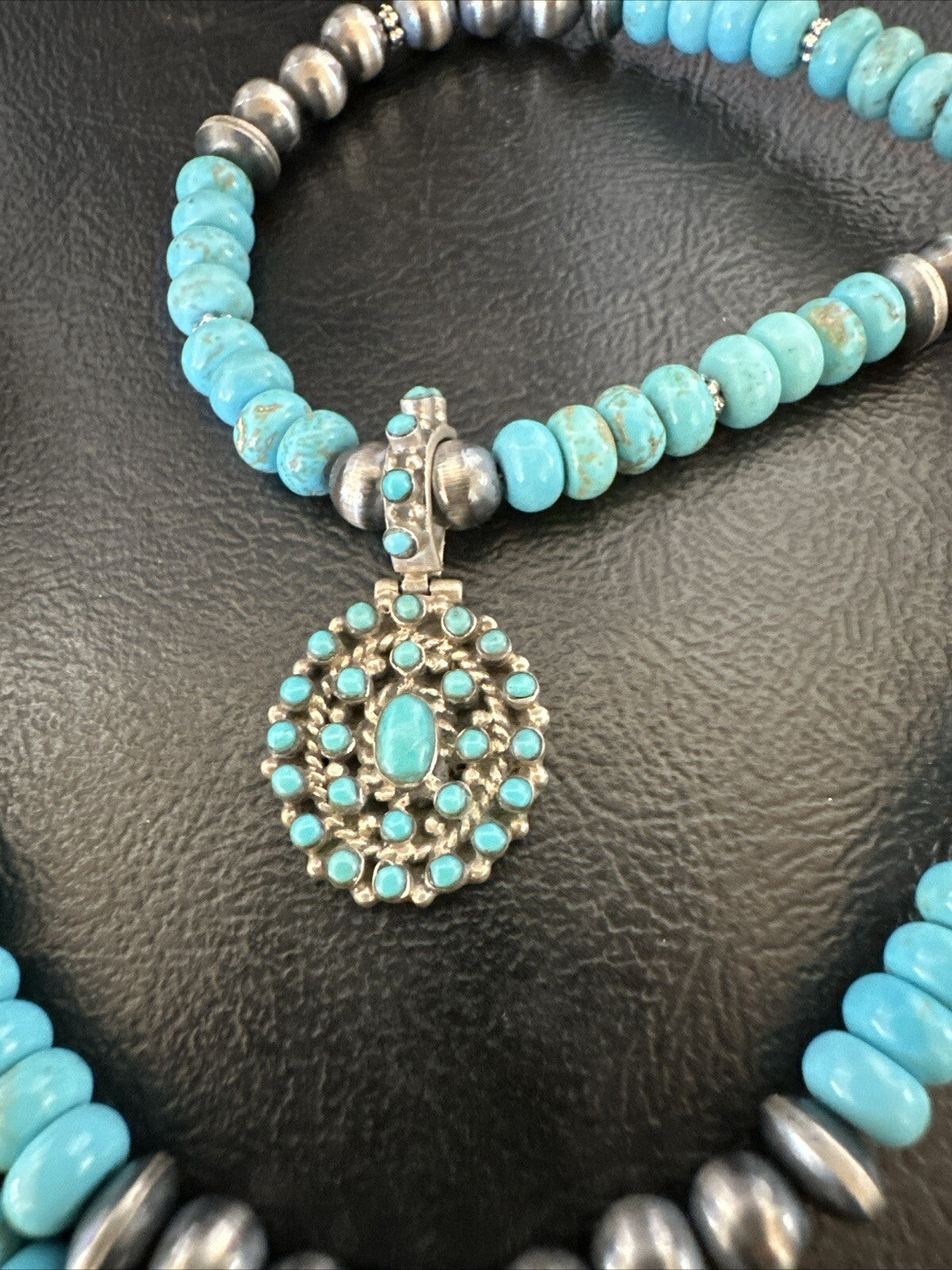 Zuni Blue Kingman Turquoise Cluster Pendant Sterling Silver Necklace 21" 18381