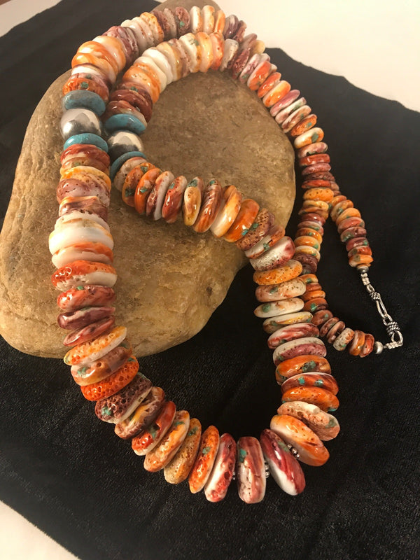 Men's Turquoise Spiny Oyster Navajo Beads Necklace 32" | Sterling Silver | Authentic Native American Handmade | 08419