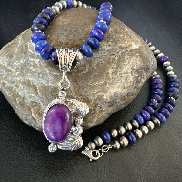 Purple Stone Pendant Navajo Pearls Necklace 21" | Sterling Silver | Authentic Native American Handmade | 18032