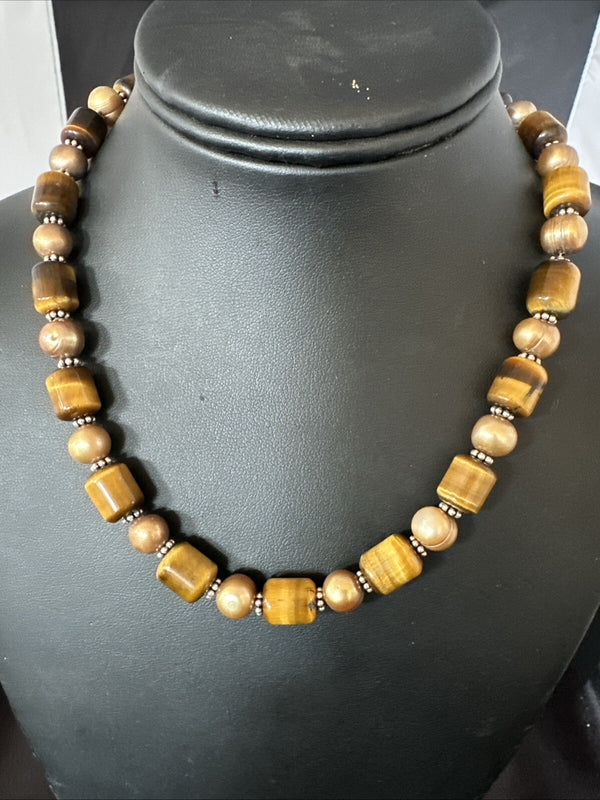 Coffee Tigers Eye Culture Pearl Necklace Wrap Bracelet 17" | Sterling Silver | Authentic Native American Handmade | 18737