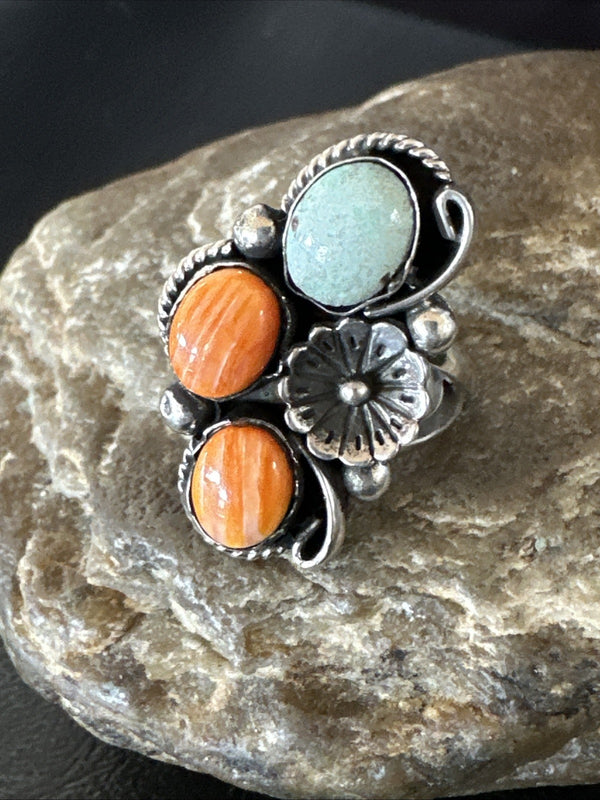 Multicolor Ring Turquoise Spiny Navajo Cluster Size 8.5 | Sterling Silver | Authentic Native American Handmade | 19188