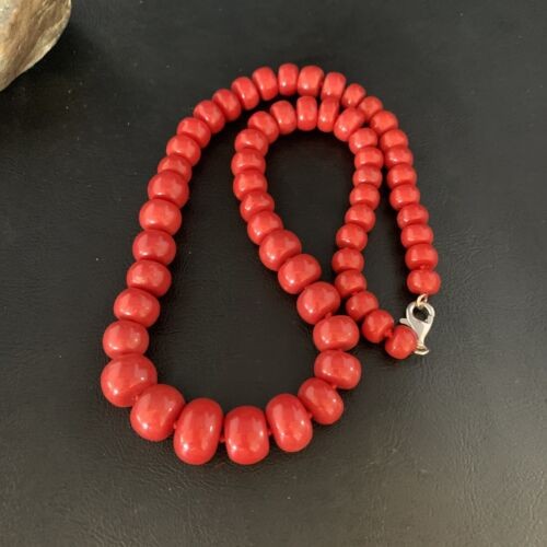 Navajo Graduated Bamboo Coral Strand Necklace Sterling Silver 23" 13521