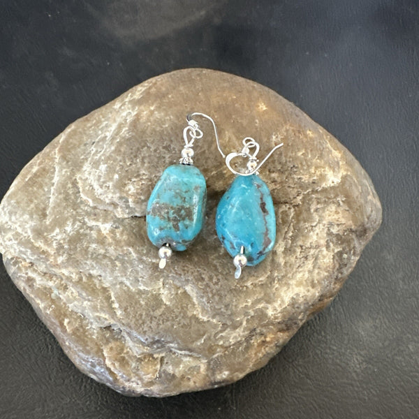 Blue Turquoise Nugget Beads Earrings 1" | Sterling Silver | Authentic Native American Handmade | 17867