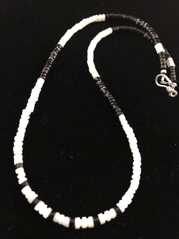 Men's Black Onyx Navajo Pearls Necklace | Sterling Silver | Authentic Native American Handmade | 00336