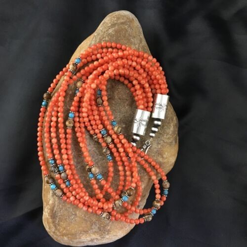 Navajo Orange Bamboo Coral Necklace 7 Strand 19" | Sterling Silver | Authentic Native American Handmade | 10173