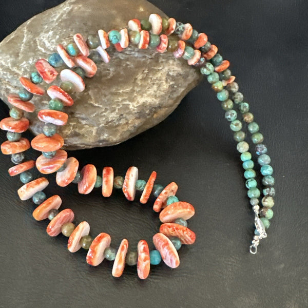 Red Spiny Oyster Green Turquoise 23"Long Navajo Necklace | Sterling Silver | Authentic Native American Handmade | 17762