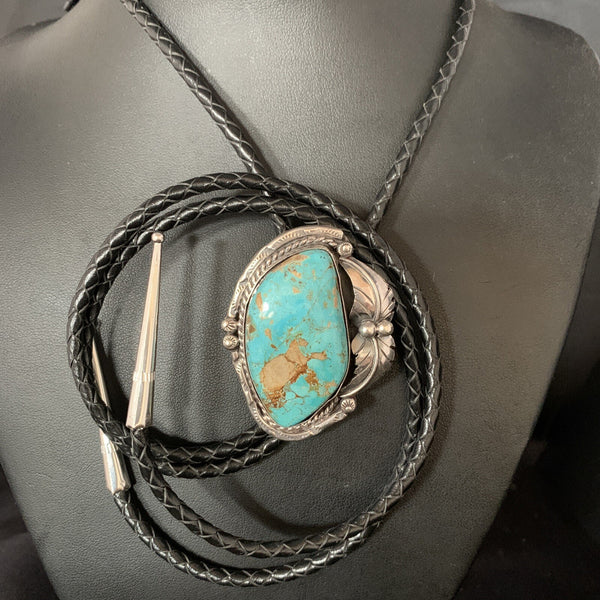 Men's Bolo Tie Blue Royston Turquoise Navajo 14111N | Sterling Silver | Authentic Native American Handmade