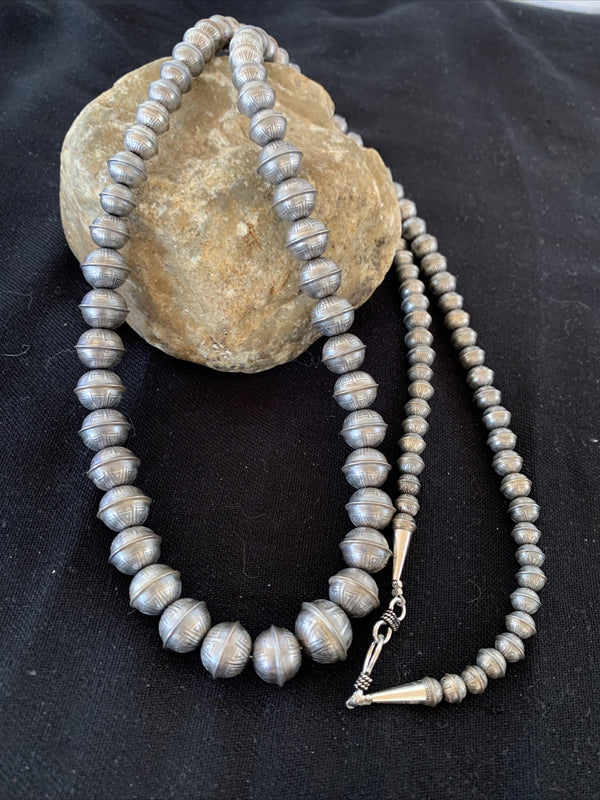 Hand Stamped Bench Navajo Pearls Graduated Bead Necklace 24" | Sterling Silver | Authentic Native American Handmade