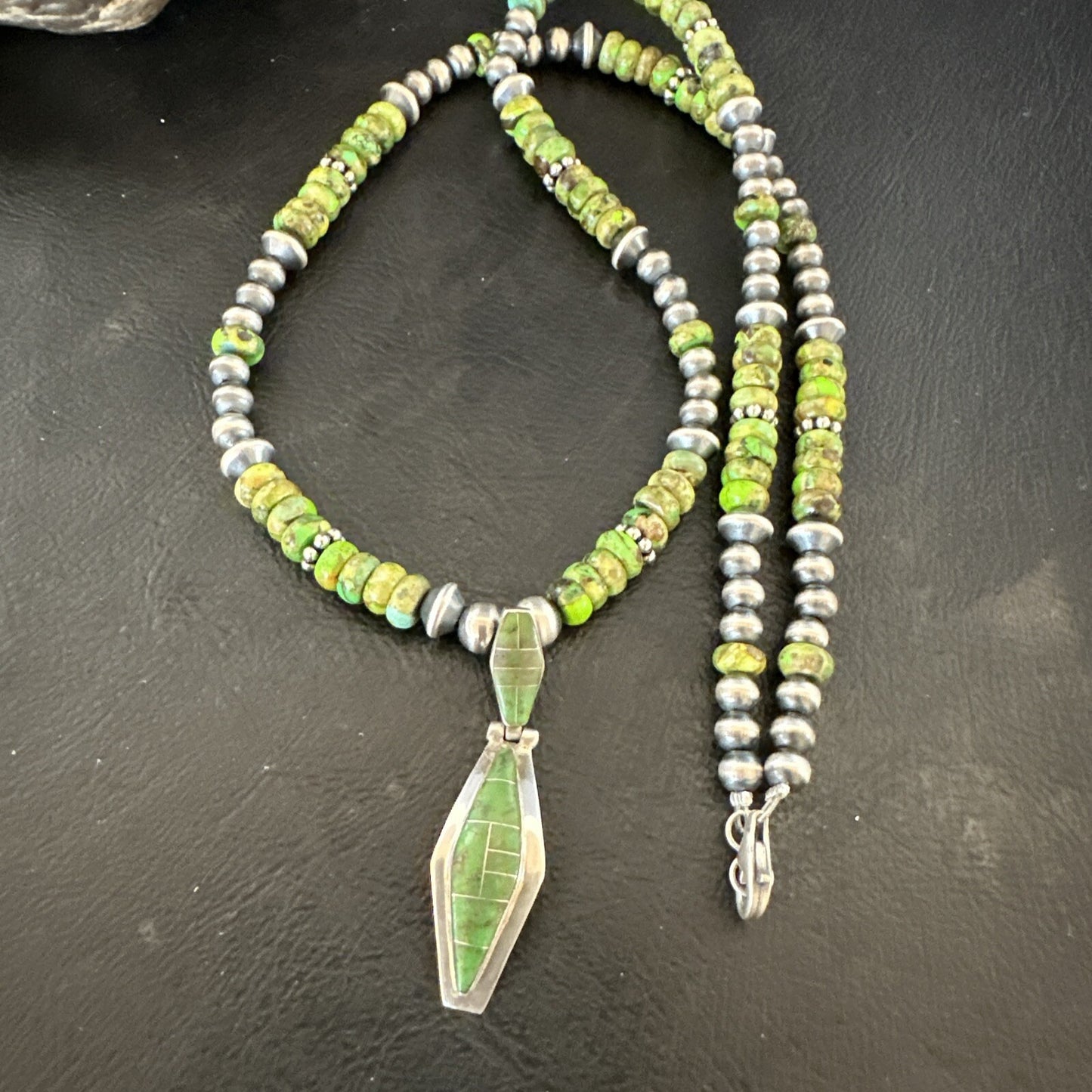 Womens Green Gaspeite Turquoise Pendant Navajo Sterling Silver Necklace 17881