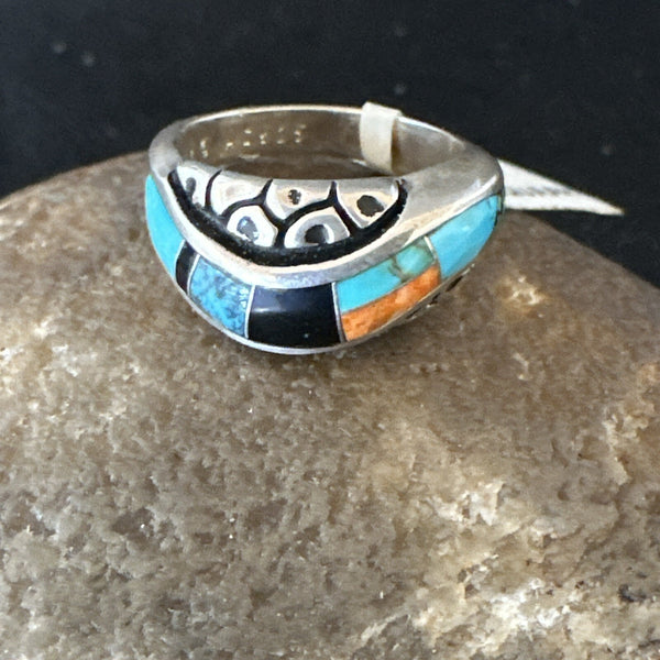 MultiColor Navajo Turquoise Spiny Oyster Inlay Ring Sz 6.5 | Sterling Silver | Authentic Native American Handmade | 18708