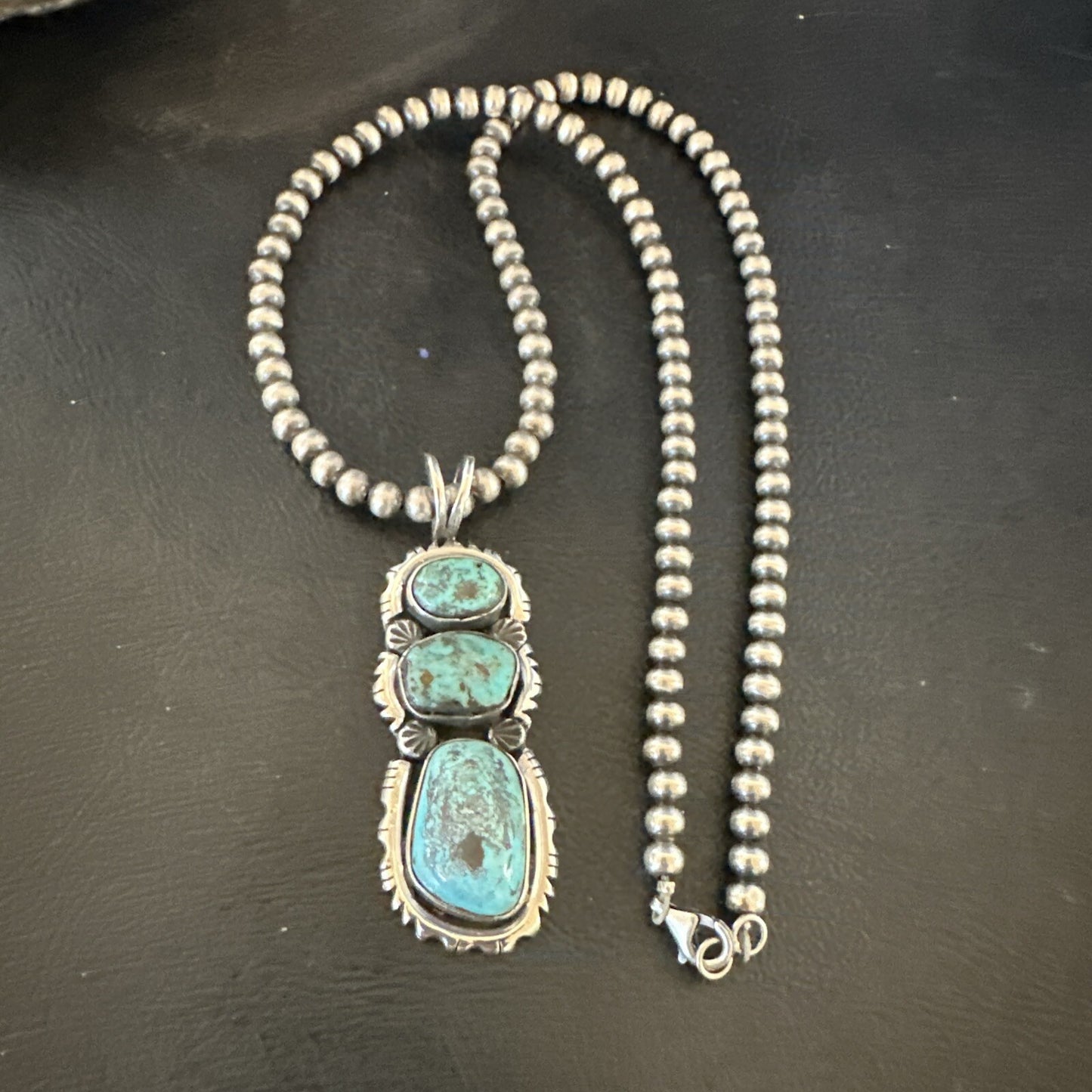 Blue Kingman Turquoise 3 Stone Navajo Sterling Silver Cluster Pendant 17633
