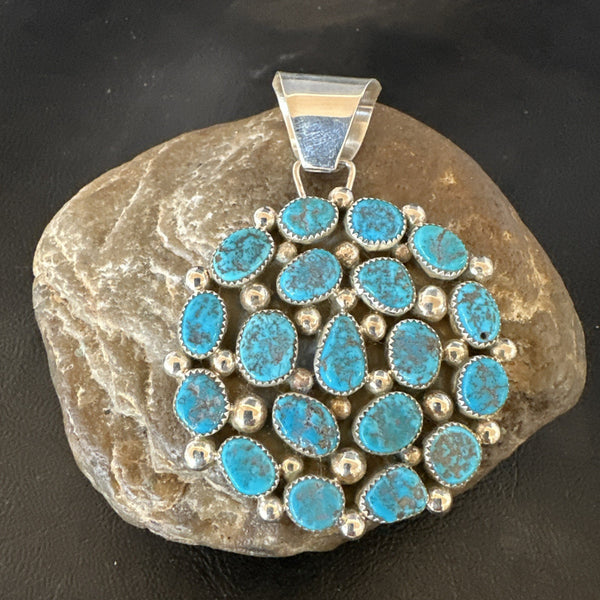 Cluster Kingman Turquoise Navajo Necklace Pendant 2.75" | Sterling Silver | Authentic Native American Handmade | 19087