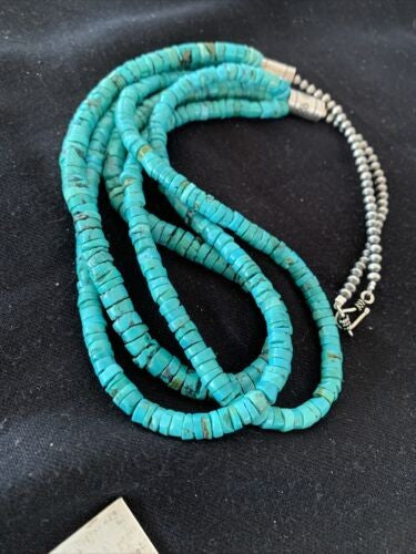 Navajo 3 Strand Turquoise Heishi Necklace Sterling Silver 24" 11776