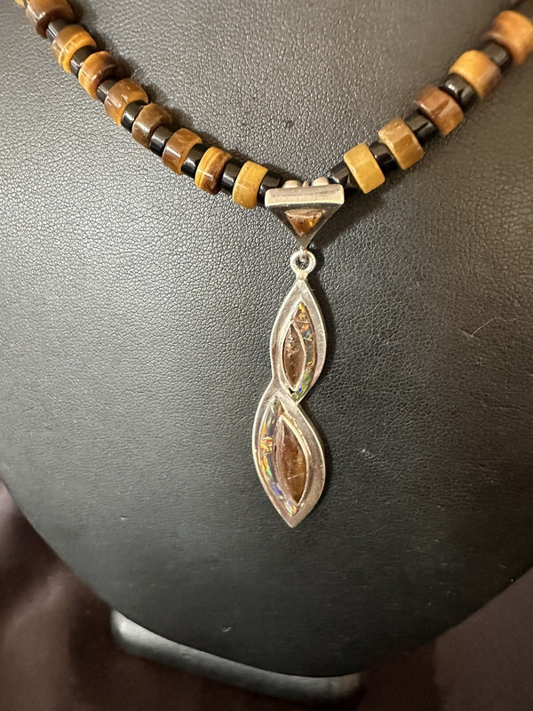 Coffee Tigers Eye Amber Opal Onyx Heishi Pendant Necklace | Sterling Silver | Authentic Native American Handmade | 18343