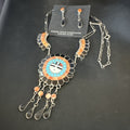 Sunface Spiny Onyx Turquoise Zuni Necklace 19"Earrings | Sterling Silver | Authentic Native American Handmade | 19114