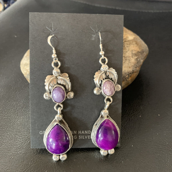 Purple Stone Navajo Dangle Earrings 2" | Sterling Silver | Authentic Native American Handmade | 12882