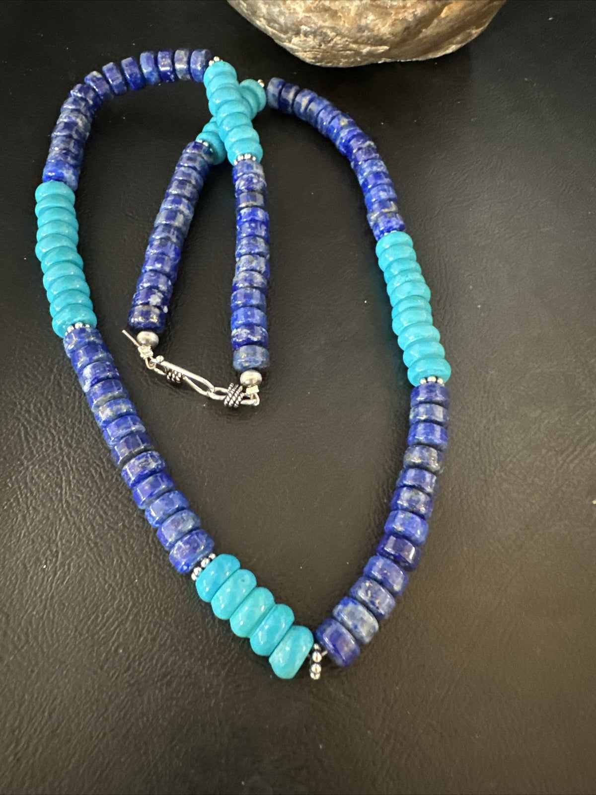 Mens Navajo Beads Lapis Sterling Silver Necklace Turquoise 23” 14941