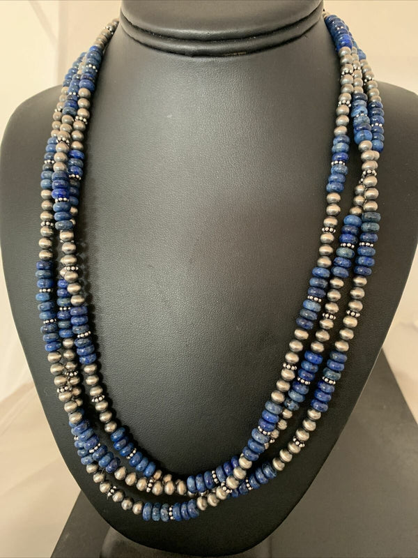 Navajo Pearls Denim Lapis 3 Strand 21"Necklace | Sterling Silver | Authentic Native American Handmade | 00929