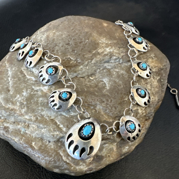 Blue Turquoise Navajo Bear Paw ShadowBox Necklace 17" | Sterling Silver | Authentic Native American Handmade | 19745