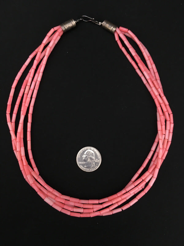 Pink Coral Tube Heishi Bead 5 Strand Navajo Necklace 19" | Sterling Silver | Authentic Native American Handmade | 1102