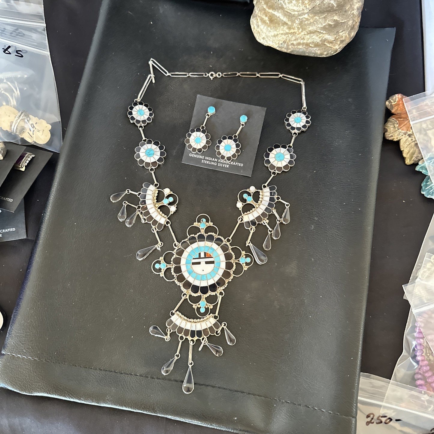 Old Pawn Sunface Turquoise Zuni Sterling Silver Necklace Earrings 19086