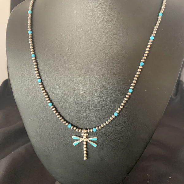 Blue Turquoise Dragonfly Pendant Zuni Necklace | Sterling Silver | Authentic Native American Handmade | 12058