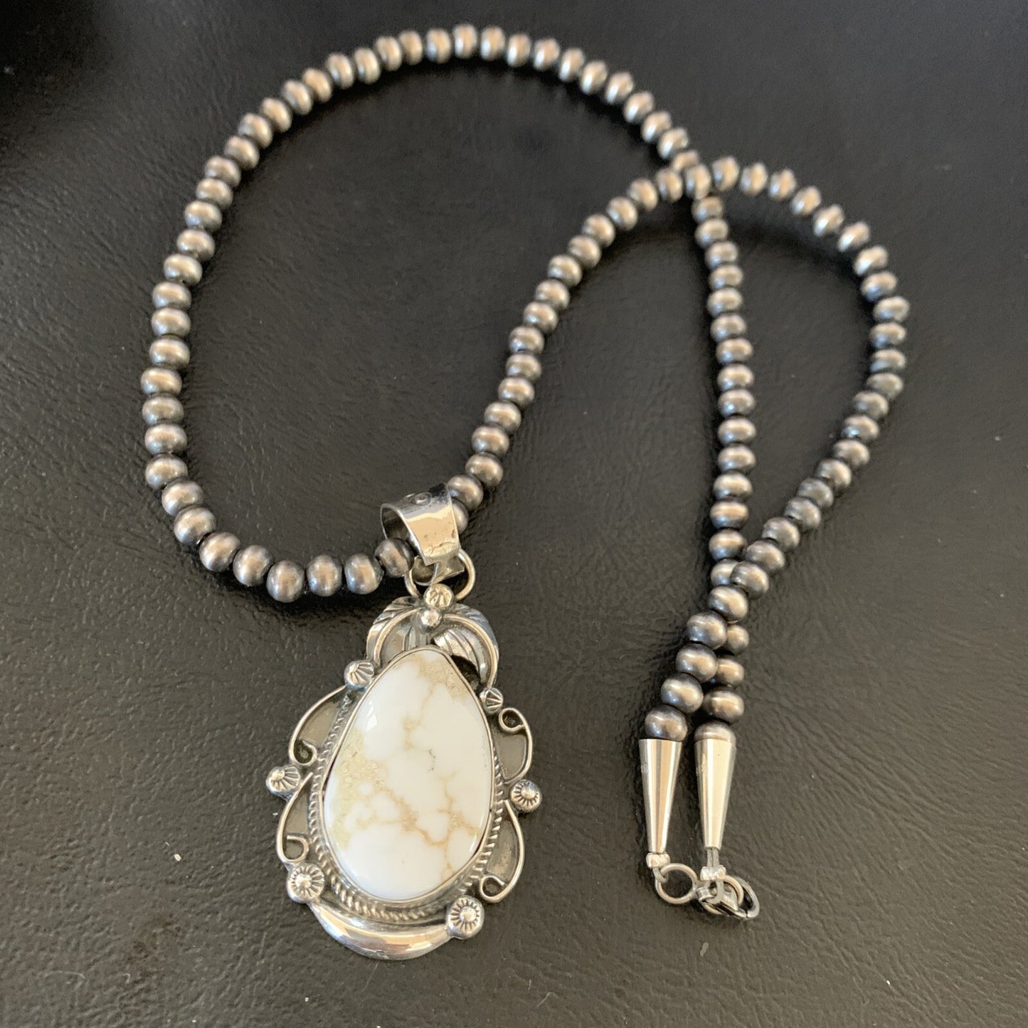 Men White Buffalo Turquoise Pendant Sterling Silver Beads Necklace 12665N