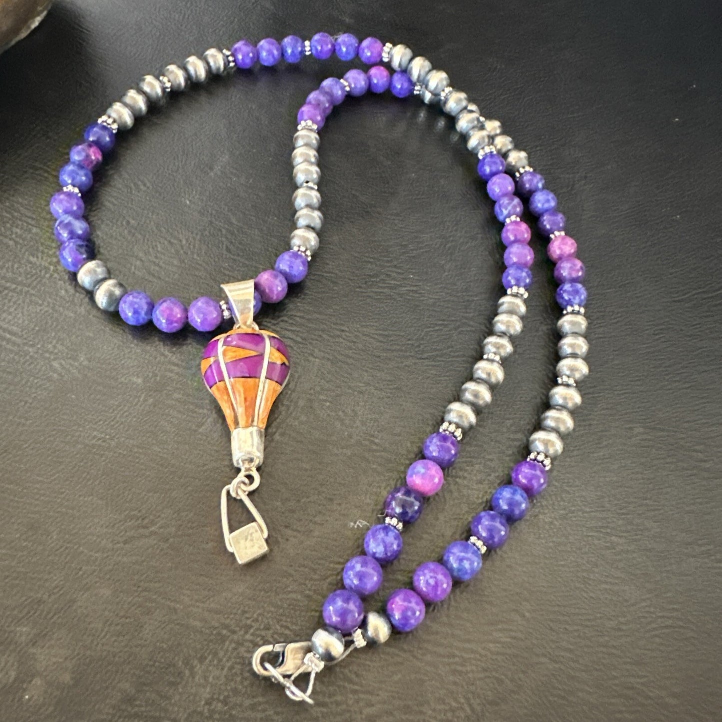 Balloon Orange Spiny Purple Pendant Navajo Sterling Silver Necklace 22" 18344