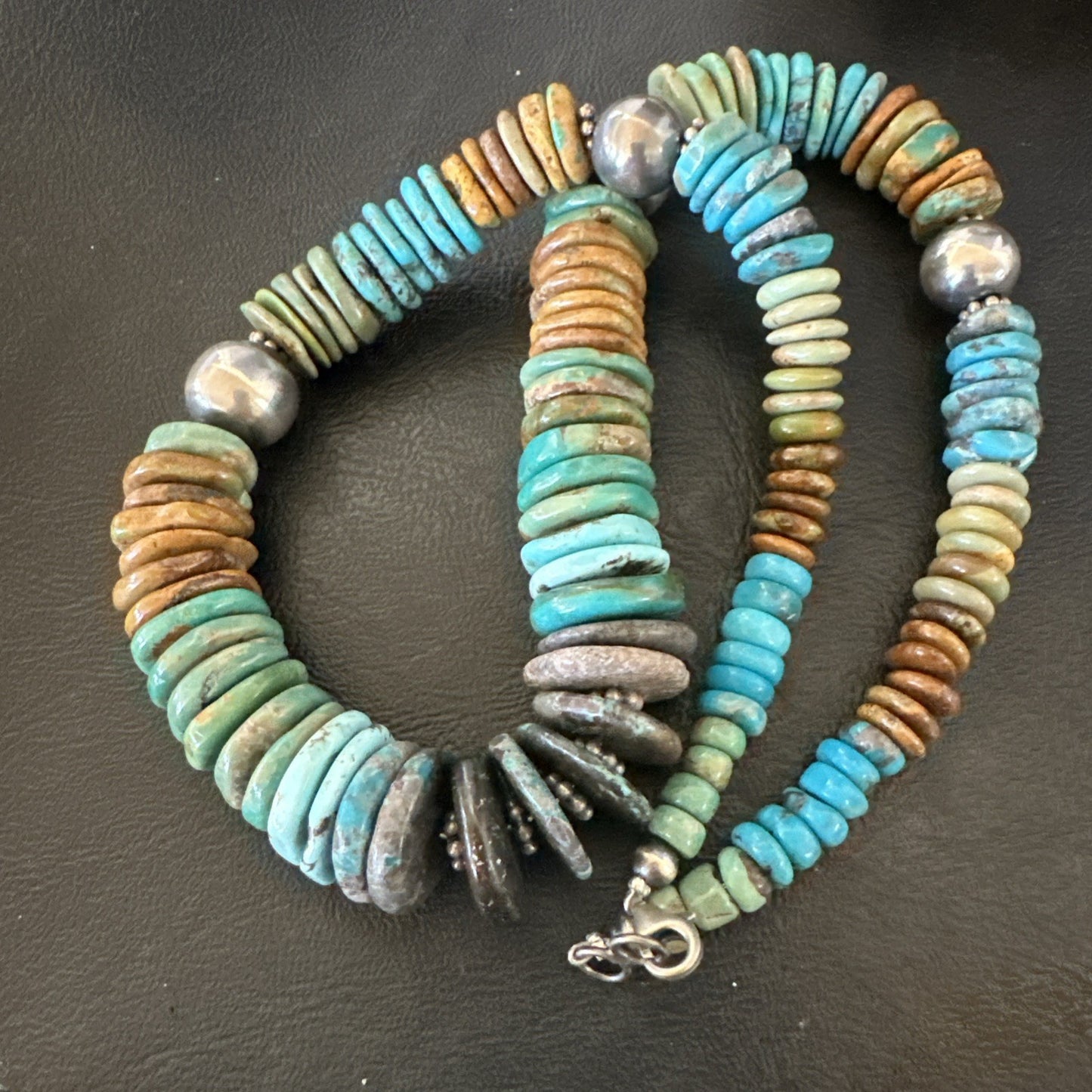 Blue Green Turquoise Navajo Sterling Silver Beads Necklace 20” 19176