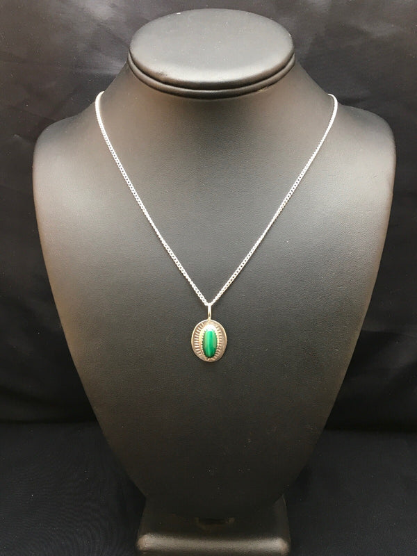 Green Malachite Pendant Navajo Necklace | Sterling Silver | Authentic Native American Handmade | 08953