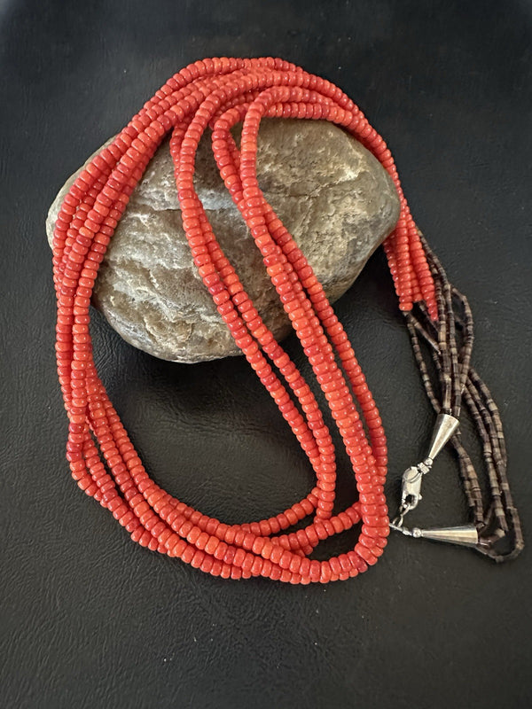 Red Spiny Stabilized 5 Strand Bead Heishi Shell 28" | Authentic Native American Handmade | 19396