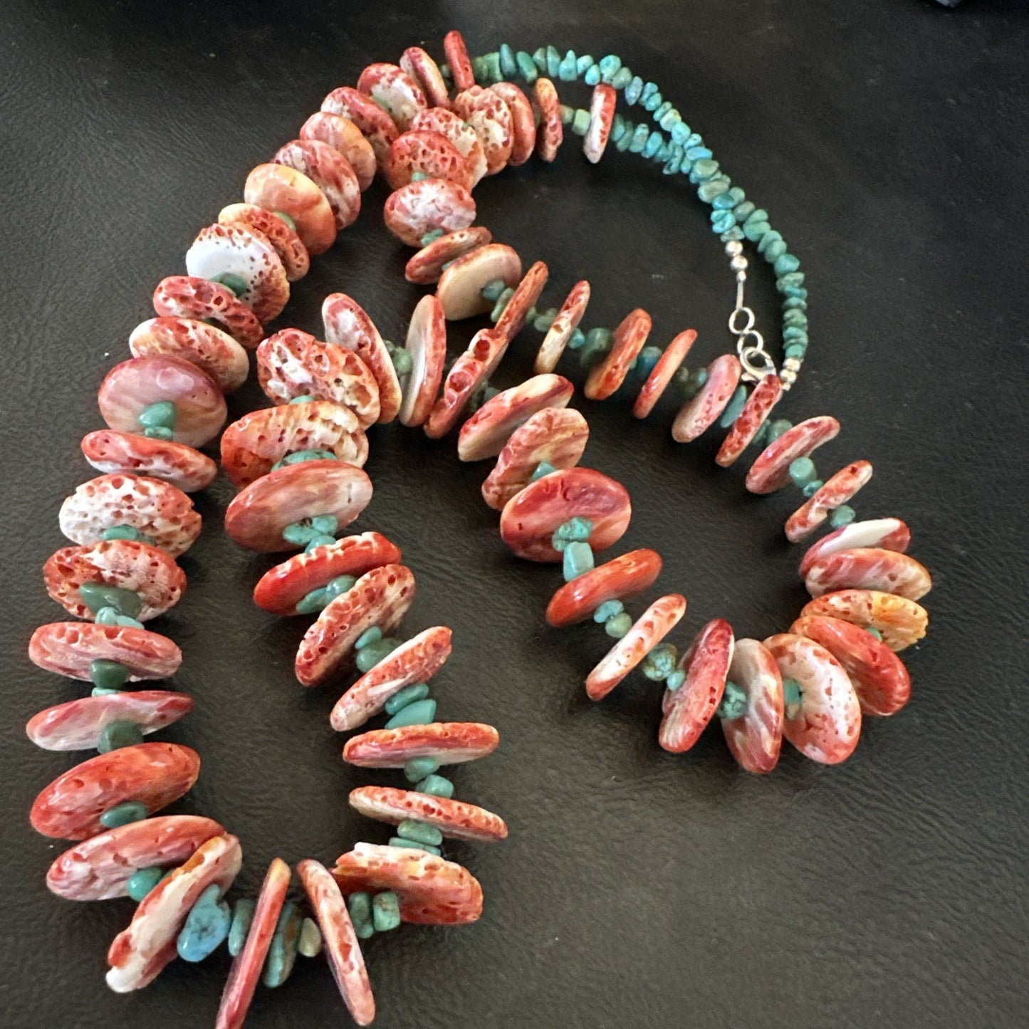 Red Spiny Oyster Blue Turquoise Navajo Sterling Silver Necklace 28" 19718
