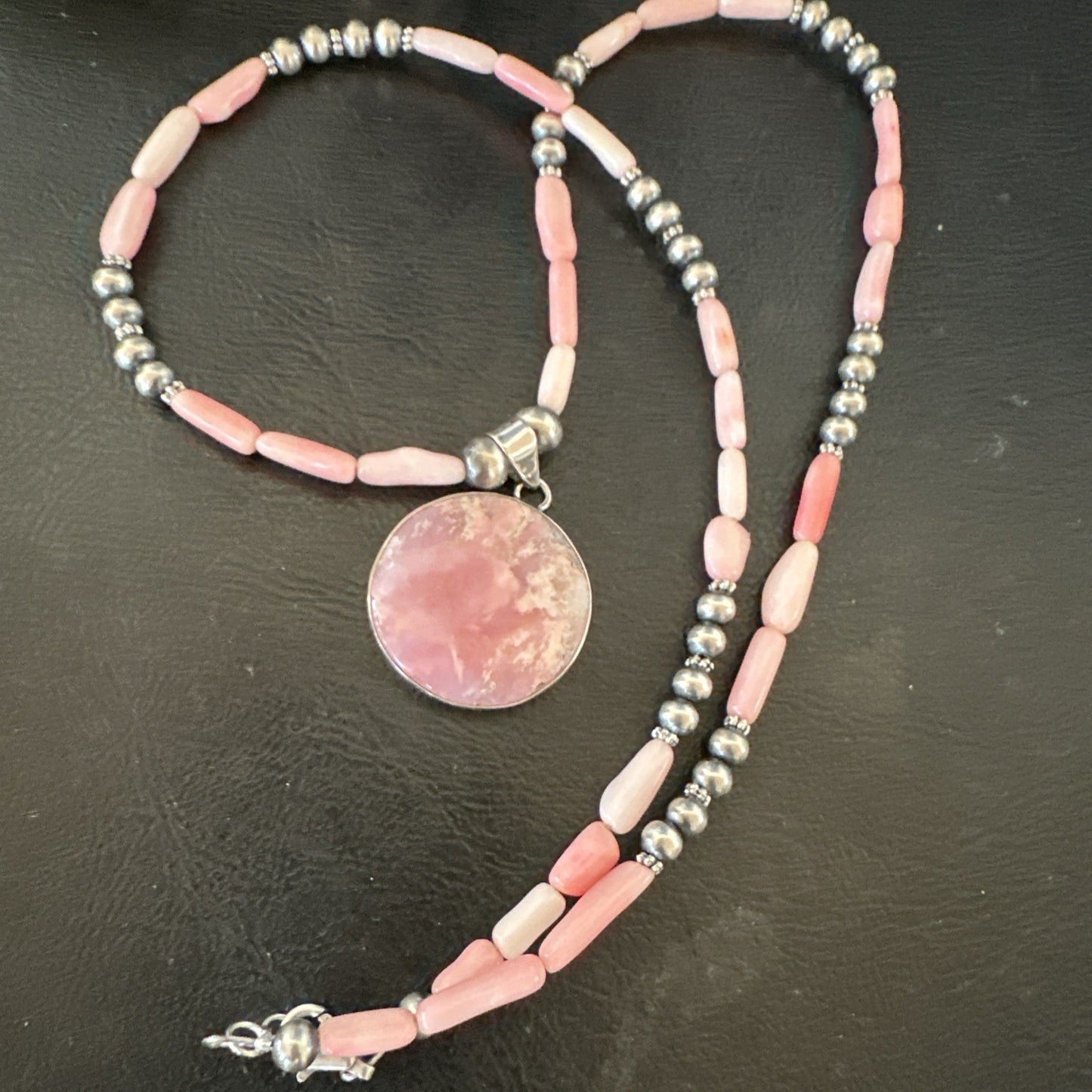 Southwestern Sterling Silver Pink Coral Bead Necklace Quartz Pendant 24" 19588