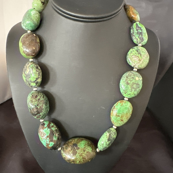 Blue Green Turquoise Chunky Navajo Necklace 21" | Sterling Silver | Authentic Native American Handmade | 19256