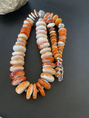 Navajo Turquoise & Orange Spiny Oyster Necklace Graduated 22" 10587