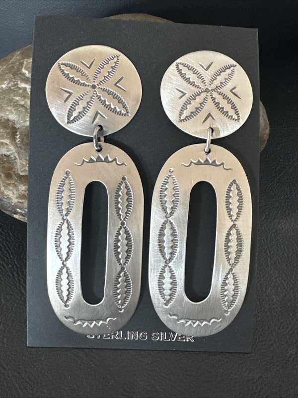 Navajo Stamped Stamped Handmade Earrings 2.75" | Sterling Silver | Authentic Native American Handmade | 17857