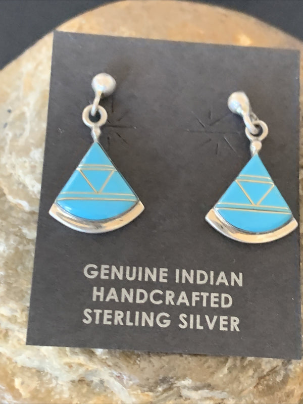 Blue Turquoise Inlay Zuni Dangle Post Earrings 1" | Sterling Silver | Authentic Native American Handmade | 12747