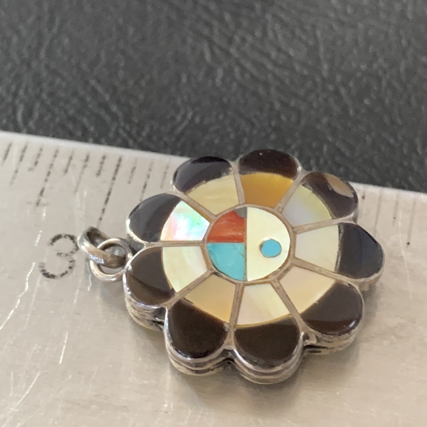 Mother Of Pearl Turquoise Spiny Inlay Zuni Sterling Silver 2 Sided Pendant 1682